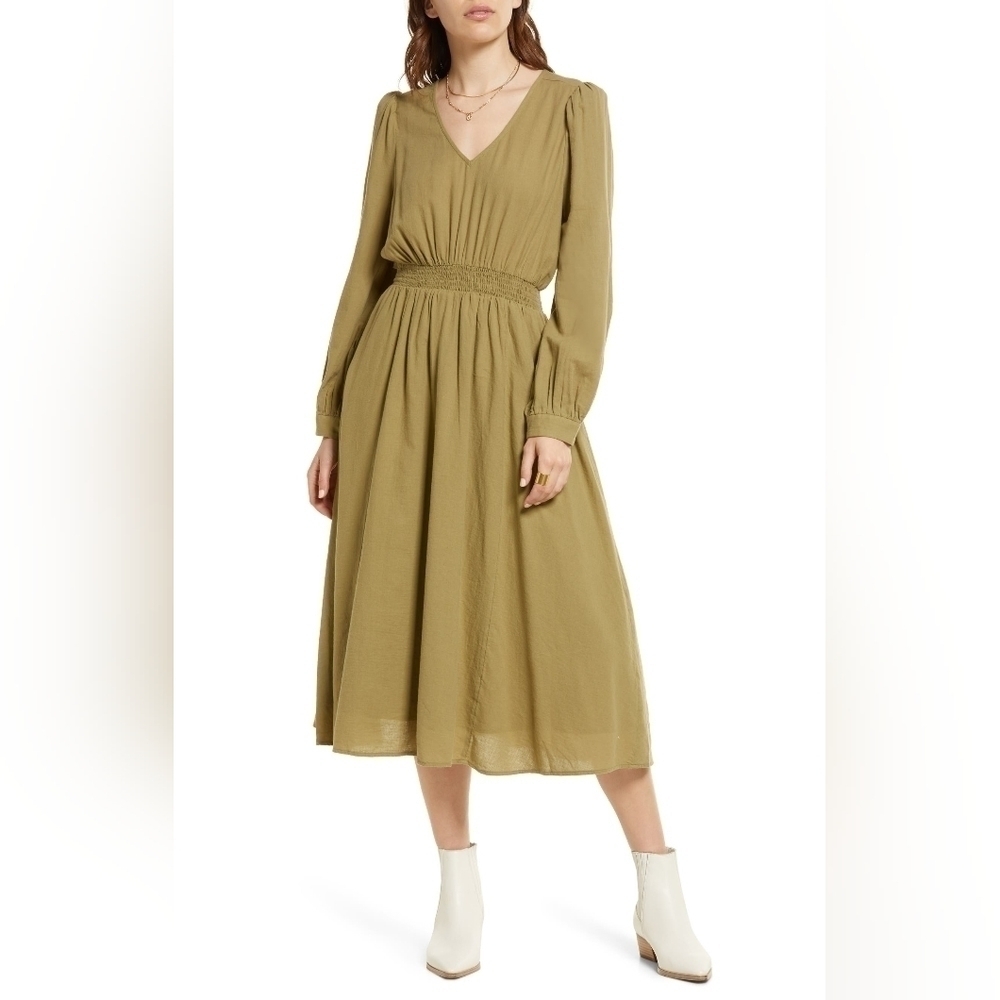 Treasure & Bond V-Neck Long Sleeve Smocked Midi Dress Olive Green Size X-Small
